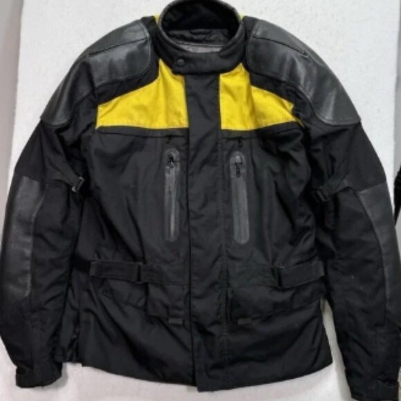 FirstGear Armored Motorcycle Jacket Men's Large Tall Black Yellow Leather Padded - Picture 1 of 15